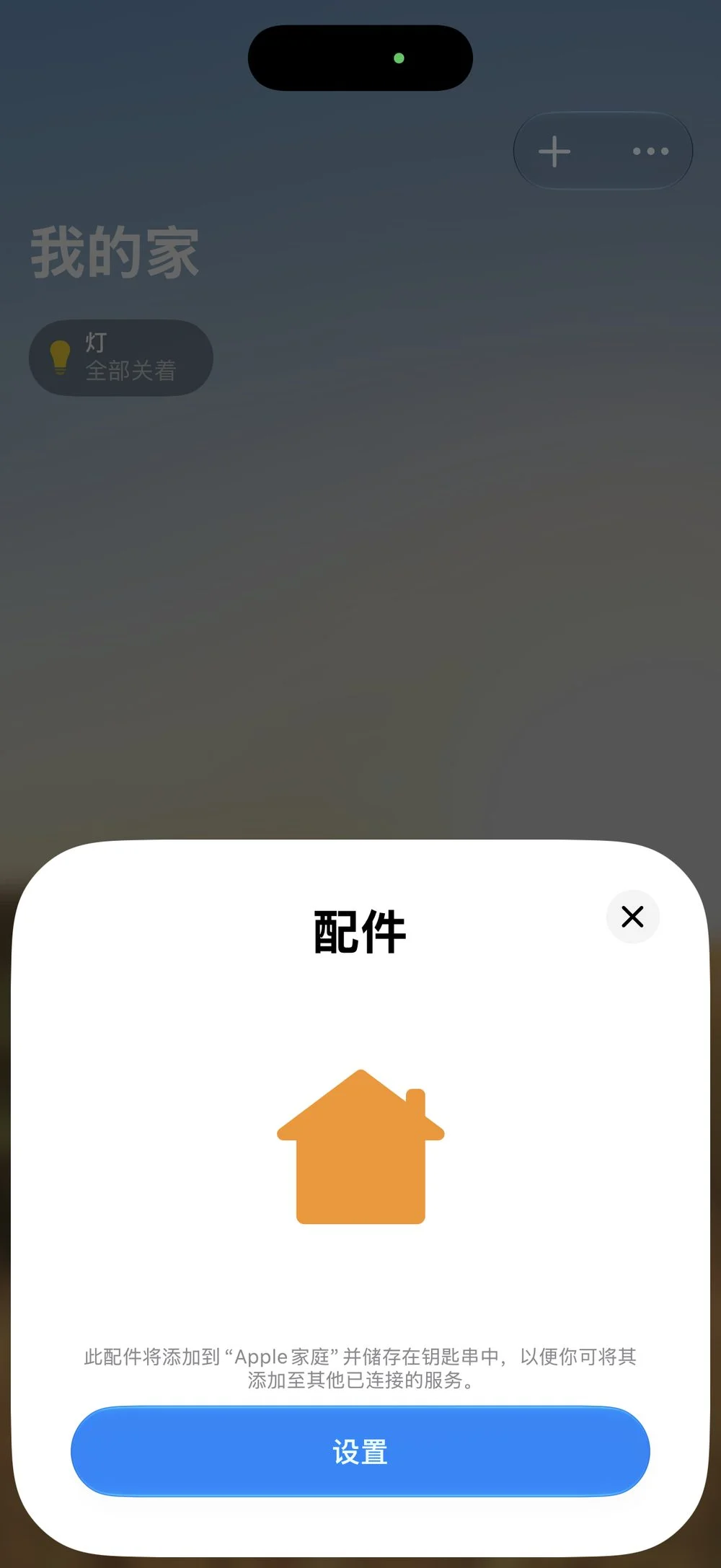 配件将添加到 Apple 家庭并储存在钥匙串中,点「设置」